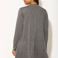 Charcoal long-sleeve waterfall cardigan with open front, shown from the back