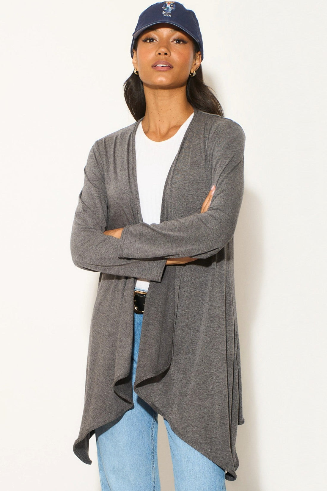 Charcoal open-front waterfall cardigan with long sleeves and asymmetric draped hem