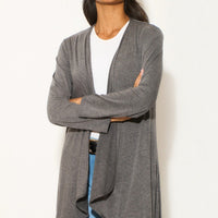 Charcoal open-front waterfall cardigan with long sleeves and asymmetric draped hem
