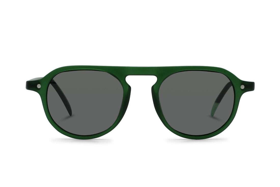 Green round-frame sunglasses with dark lenses and slim arms