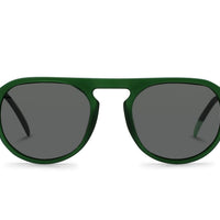 Green round-frame sunglasses with dark lenses and slim arms