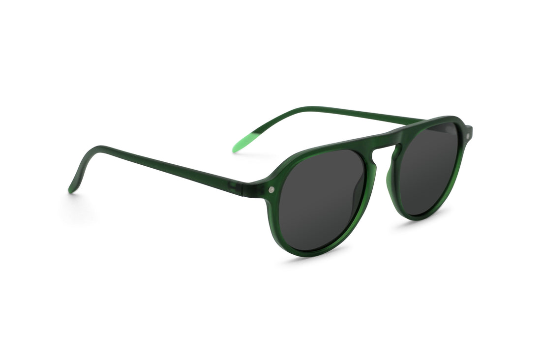 Side view green sunglasses with dark lenses and curved temple arms