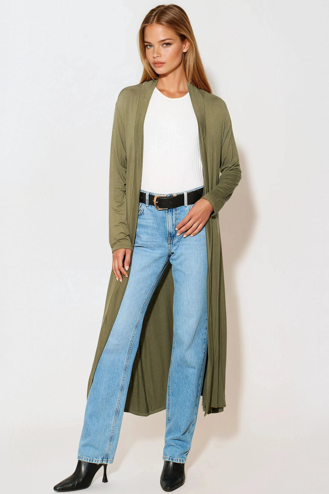 Longline khaki jersey cardigan with open front and long sleeves