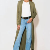Longline khaki jersey cardigan with open front and long sleeves