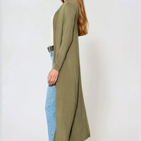 Khaki longline jersey cardigan, open front, long sleeves, side profile
