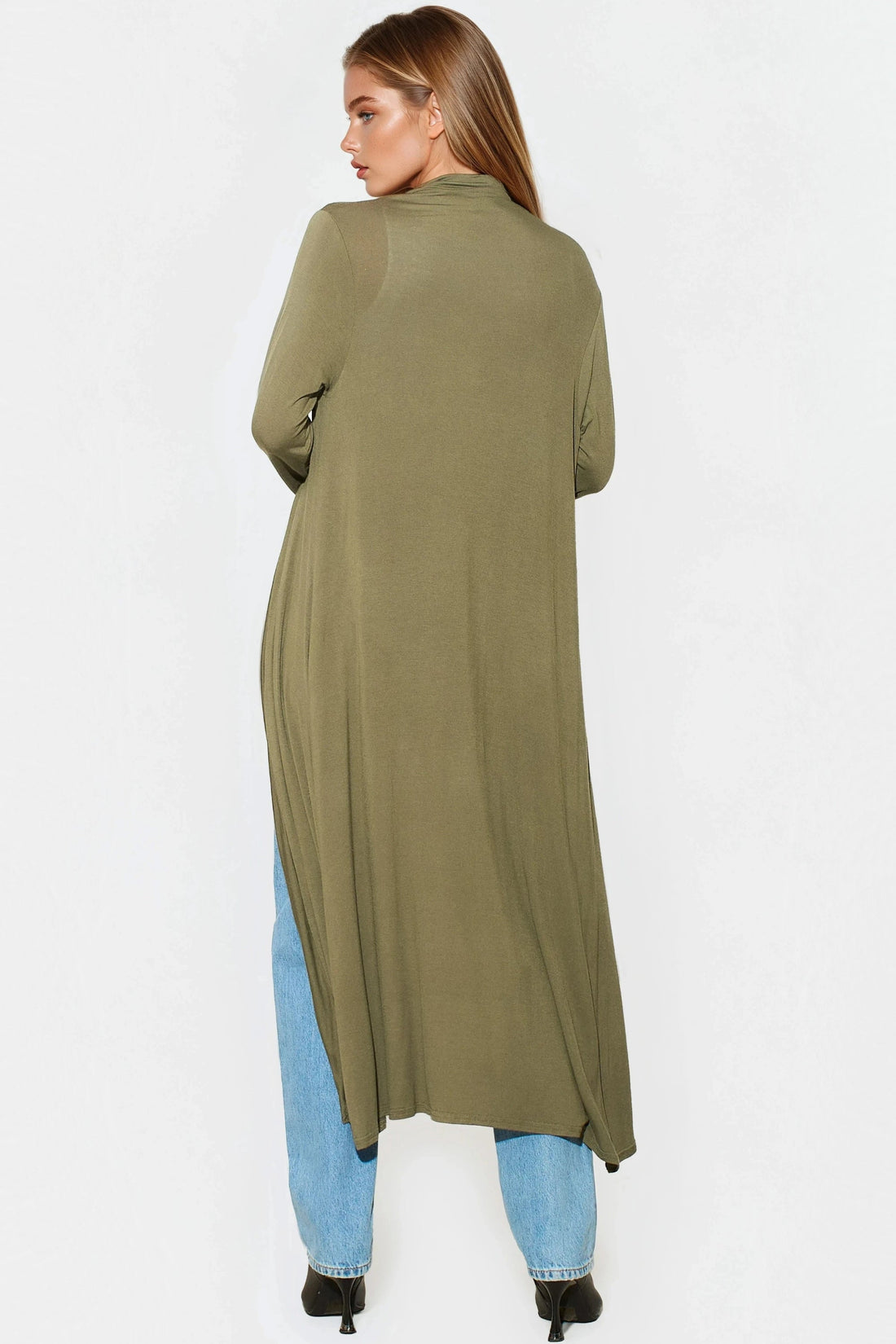 Khaki longline jersey cardigan with open front, long sleeves, back view