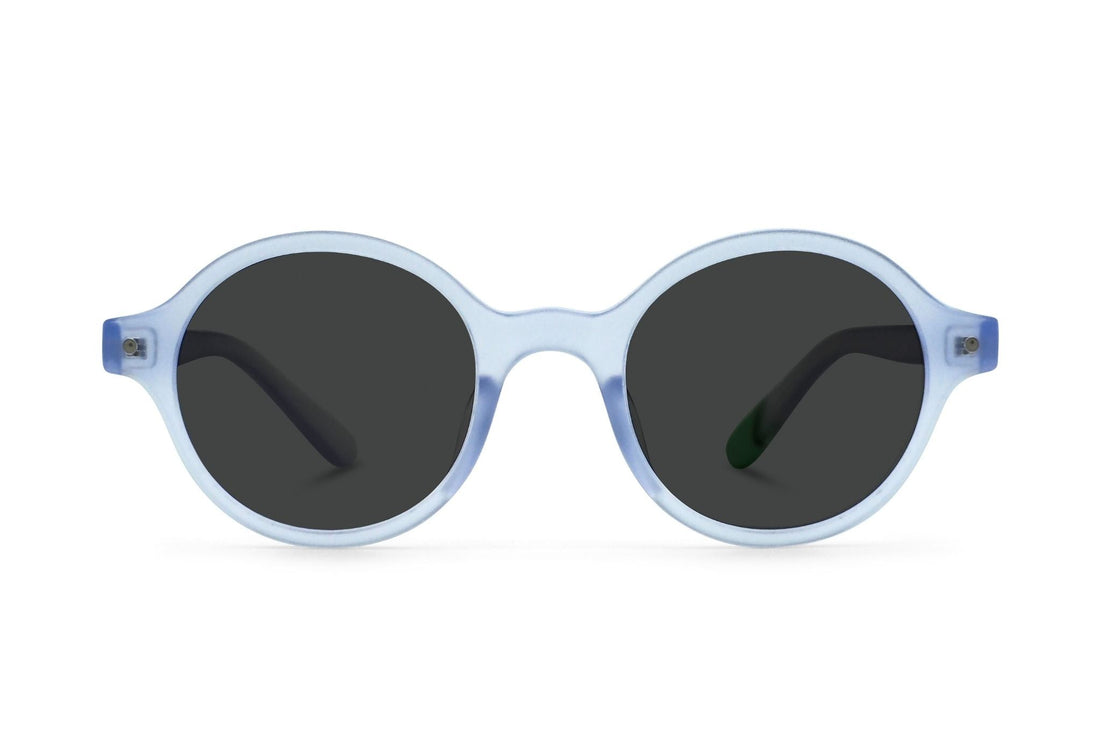 Light blue round sunglasses with dark polarized lenses, front view