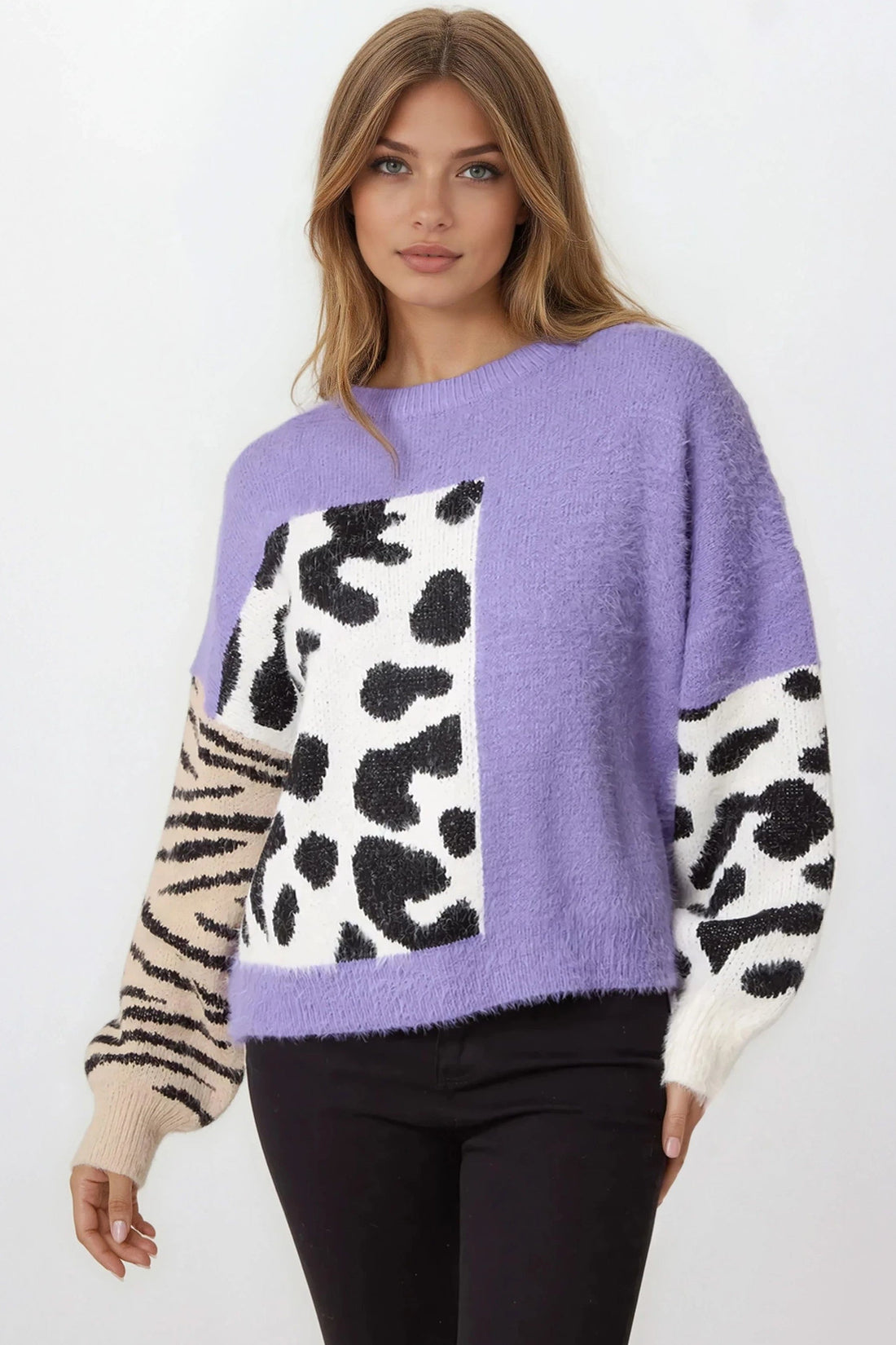 Purple knit jumper with spotted front panel and striped sleeves, crew neck sweater