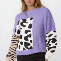Purple knit jumper with spotted front panel and striped sleeves, crew neck sweater