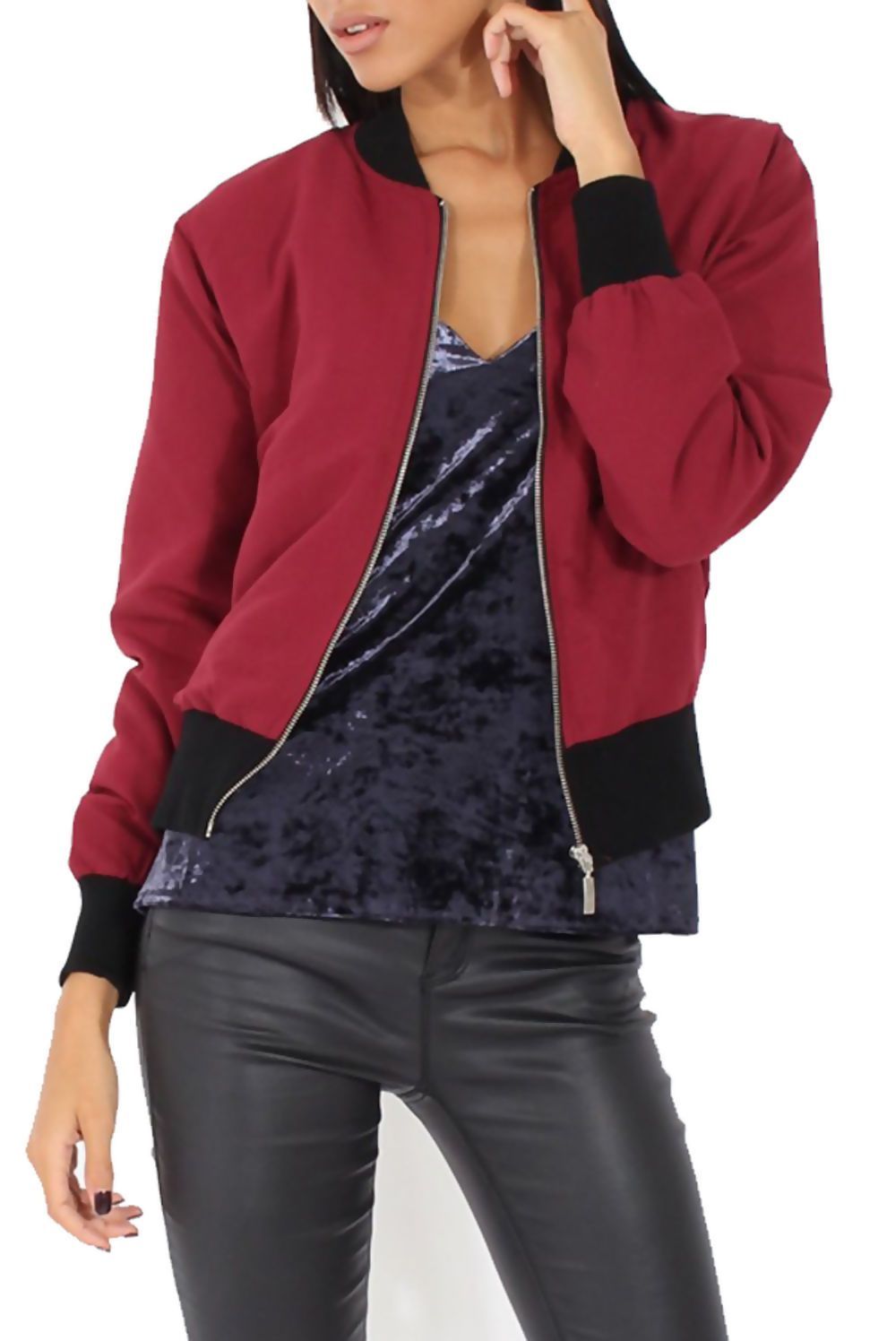Burgundy women’s bomber jacket with zip front, ribbed cuffs, and black waistband trim