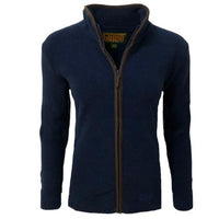 Navy women's fleece jacket with contrast piping, stand collar, and full zip