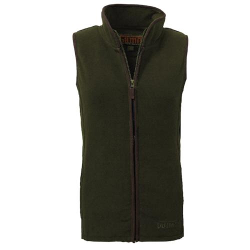 Green fleece gilet with a stand collar, full zip, and contrast trim