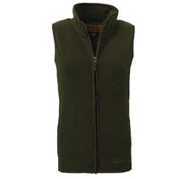 Green fleece gilet with a stand collar, full zip, and contrast trim