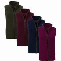 Women's fleece gilets in green, maroon, navy, and rose with full zips and contrast trim