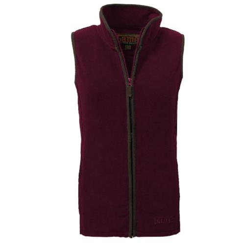 Maroon fleece gilet with a stand collar, full zip, and contrast trim