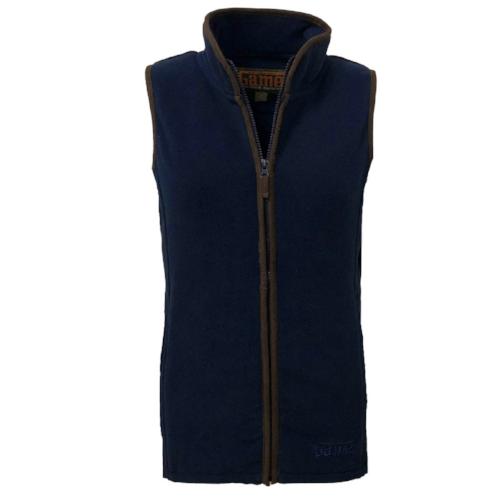 Navy fleece gilet with a stand collar, full zip, and contrast trim