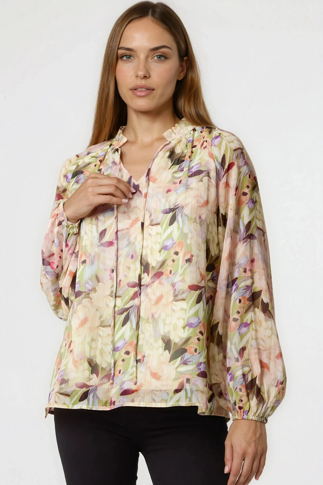 Floral tie-neck blouse with blouson sleeves, light cream with green and pink flowers