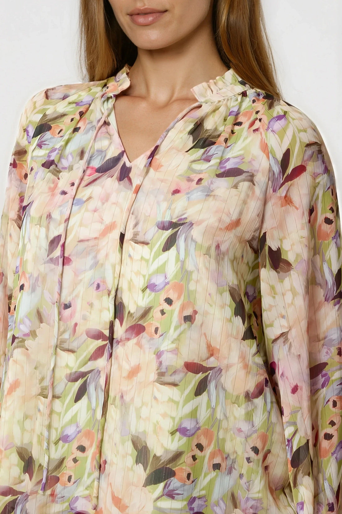 Floral tie-neck blouse, cream with green and purple-pink flowers, gathered neckline