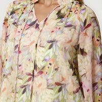 Floral tie-neck blouse, cream with green and purple-pink flowers, gathered neckline