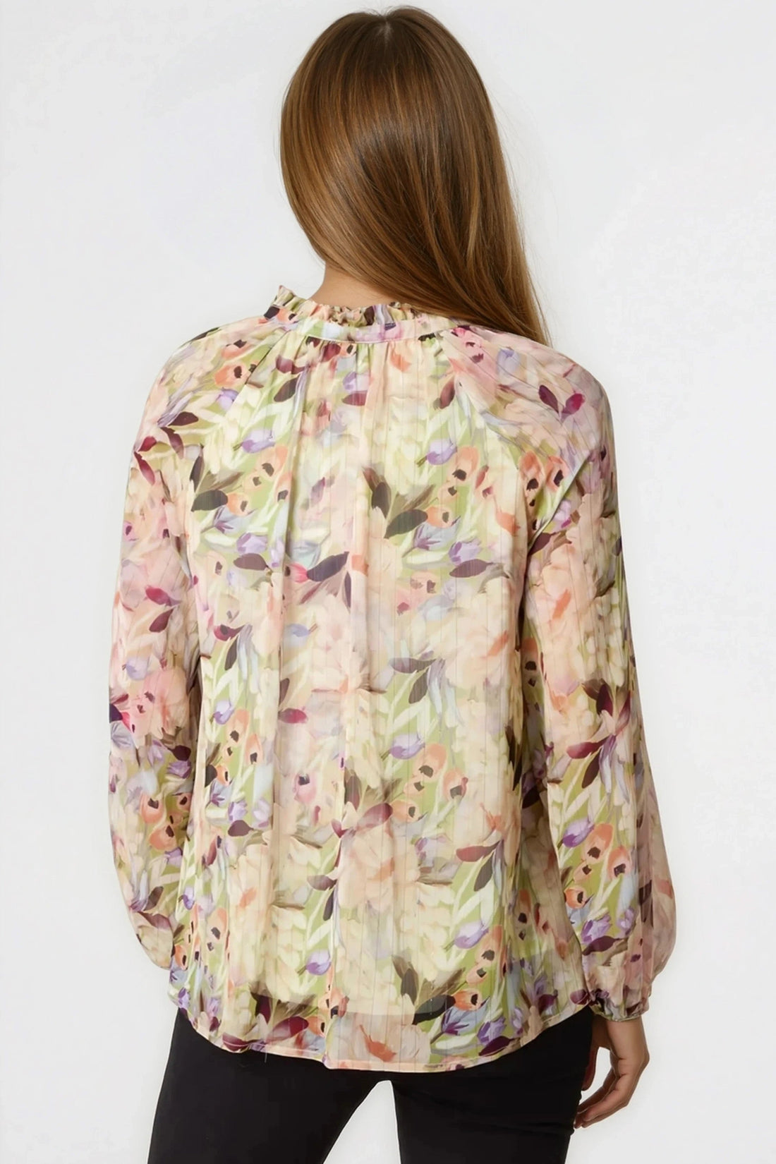 Floral blouse back view with puff sleeves, cream with green and pink leaf print