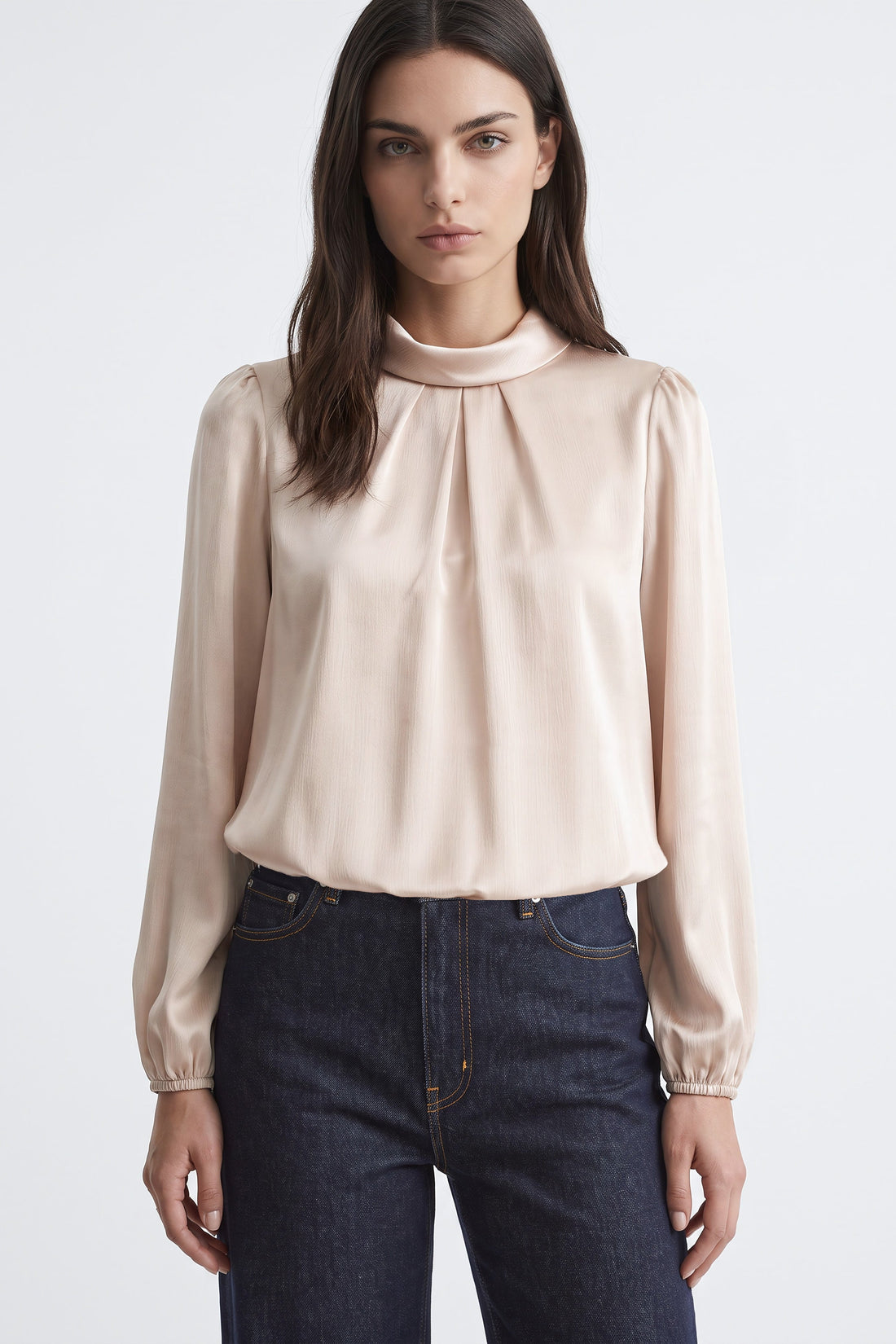 Champagne satin-look blouse with folded stand collar and long puff sleeves