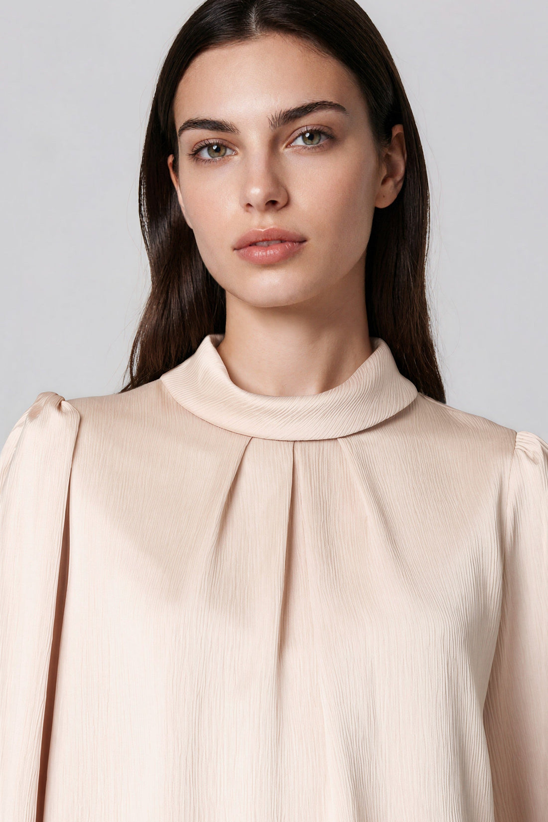 Champagne satin-look blouse with ribbed stand collar and gathered placket