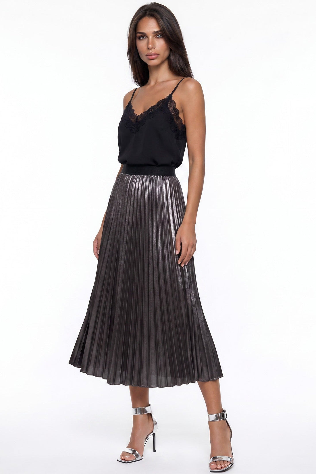 Black satin pleated midi skirt with elastic waistband, front view