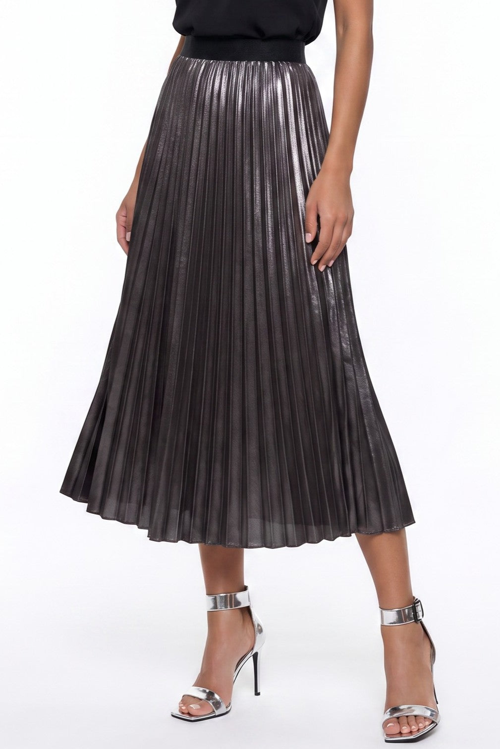 Black satin pleated midi skirt with elastic waistband, side view