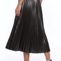 Black satin pleated midi skirt with elastic waistband, close-up pleats