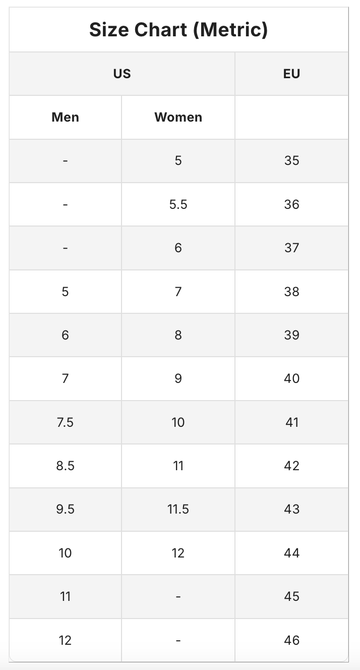Size chart table for Floral slip-on canvas shoes with US and EU sizing
