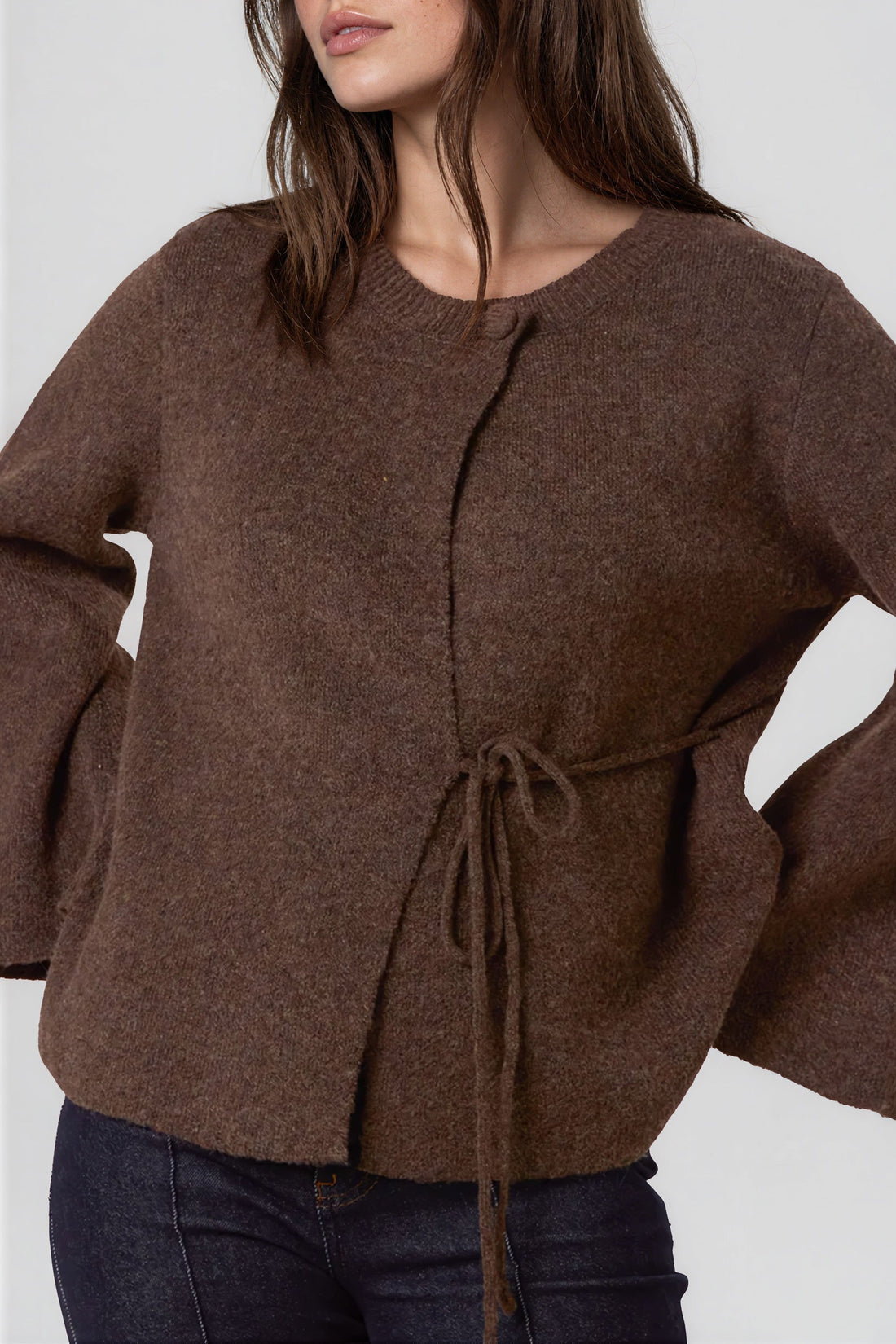 Brown cardigan with round neck and front placket, side waist tie, wide batwing sleeves