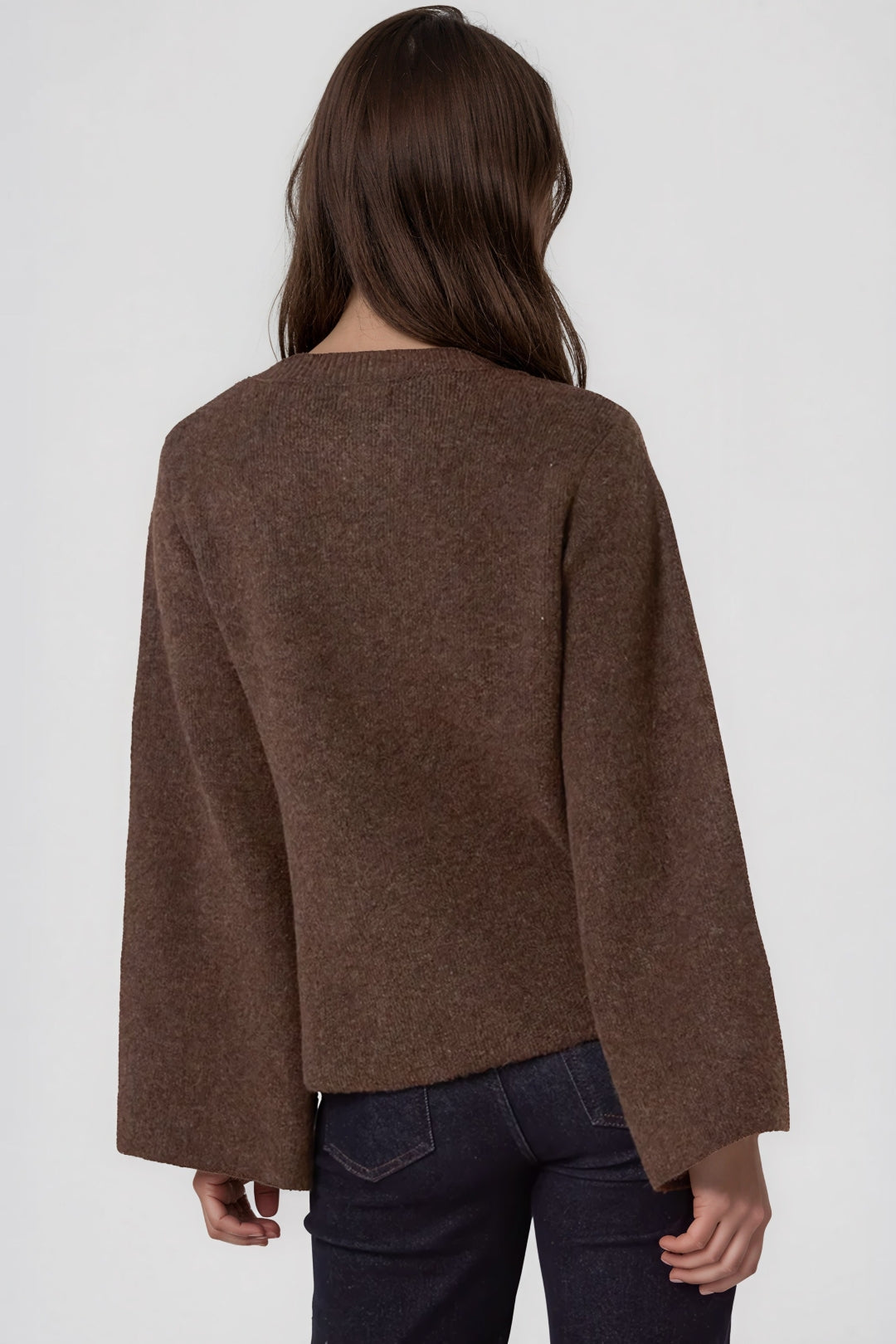 Brown back of side-tie cardigan with relaxed fit and dolman-style sleeves