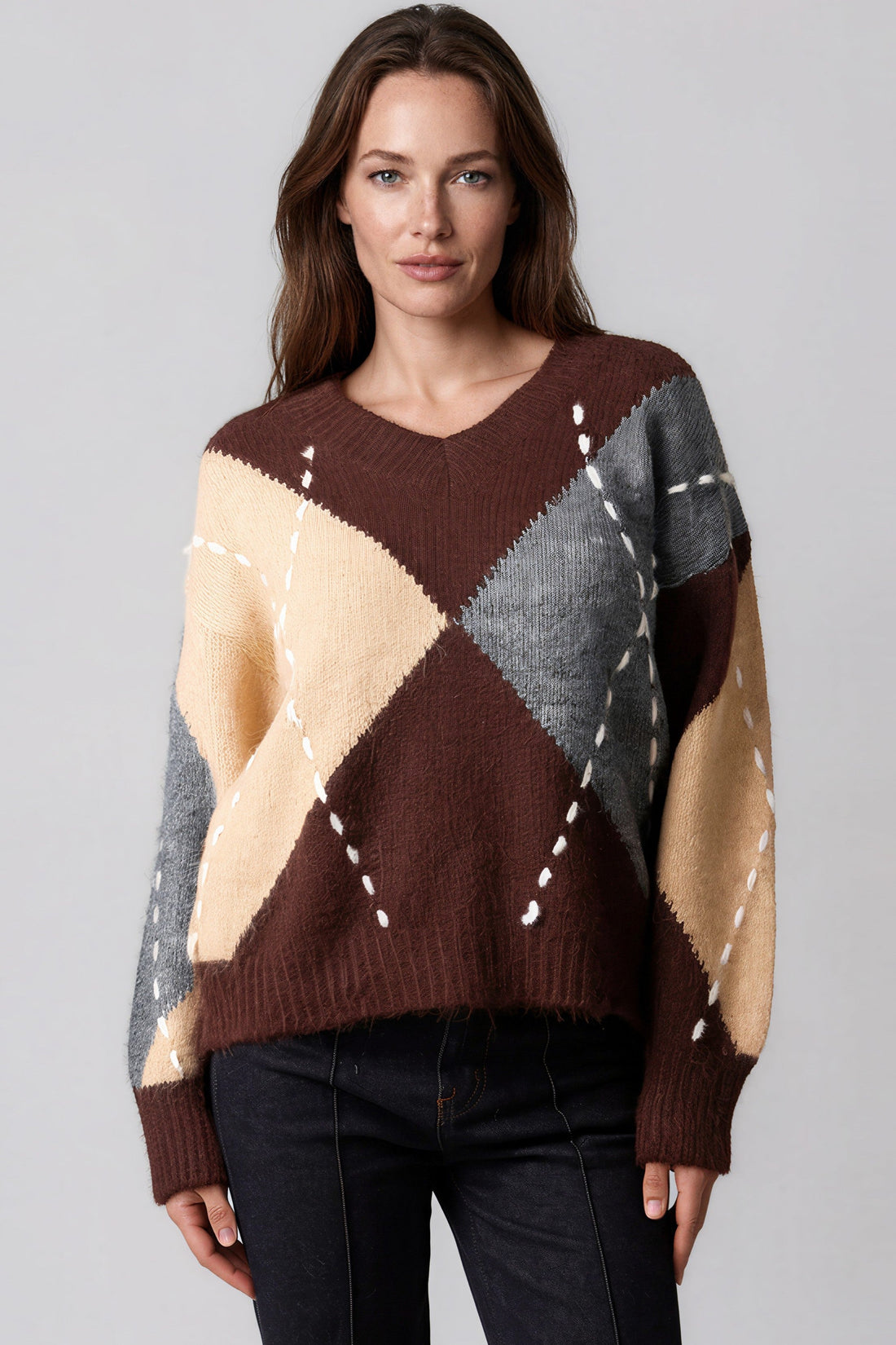 Chocolate brown argyle V-neck jumper with contrast diamond panels and dashed stitch detail