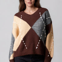 Chocolate brown argyle V-neck jumper with contrast diamond panels and dashed stitch detail