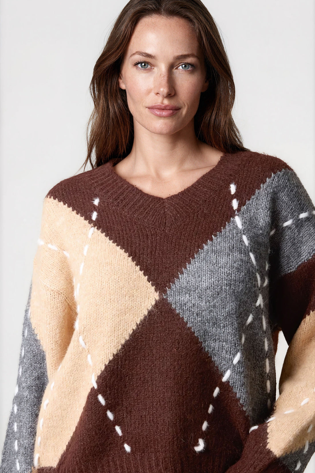 Contrast diamond argyle V-neck knit jumper in chocolate brown, cream and grey