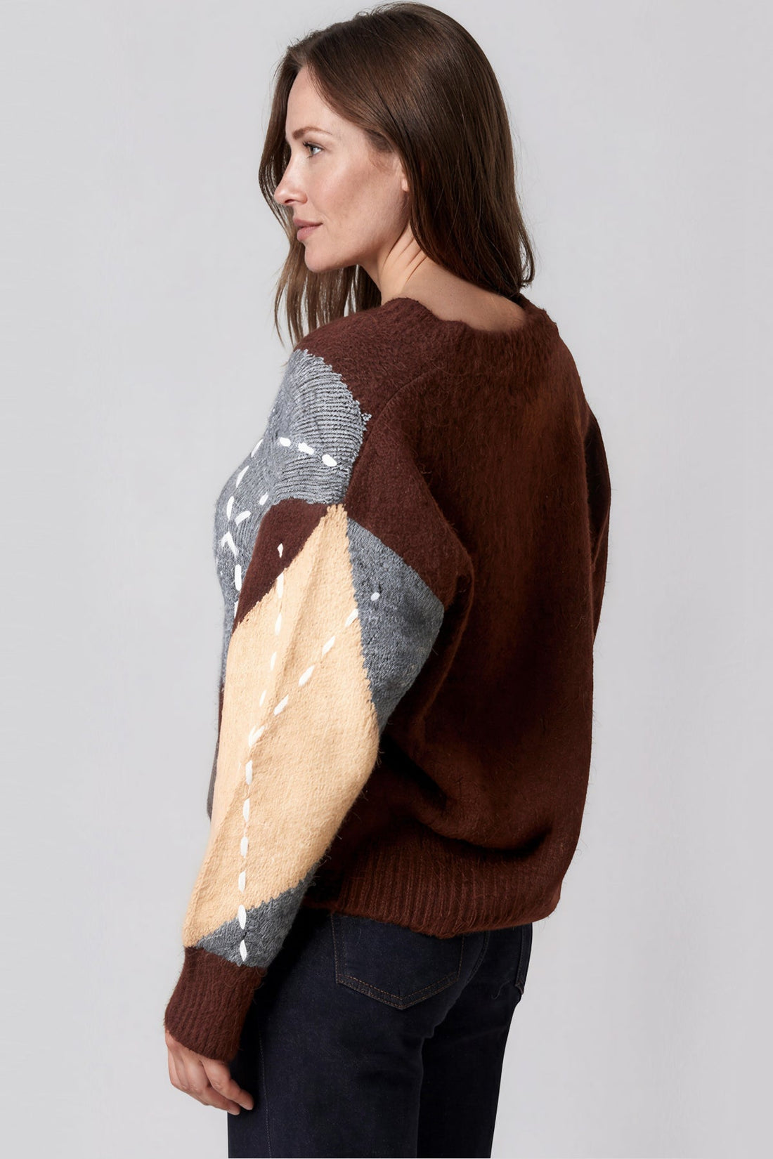Argyle knit jumper with chocolate brown back and contrast grey and cream diamond panels
