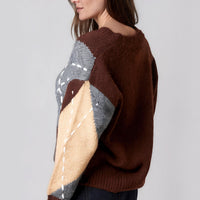 Argyle knit jumper with chocolate brown back and contrast grey and cream diamond panels
