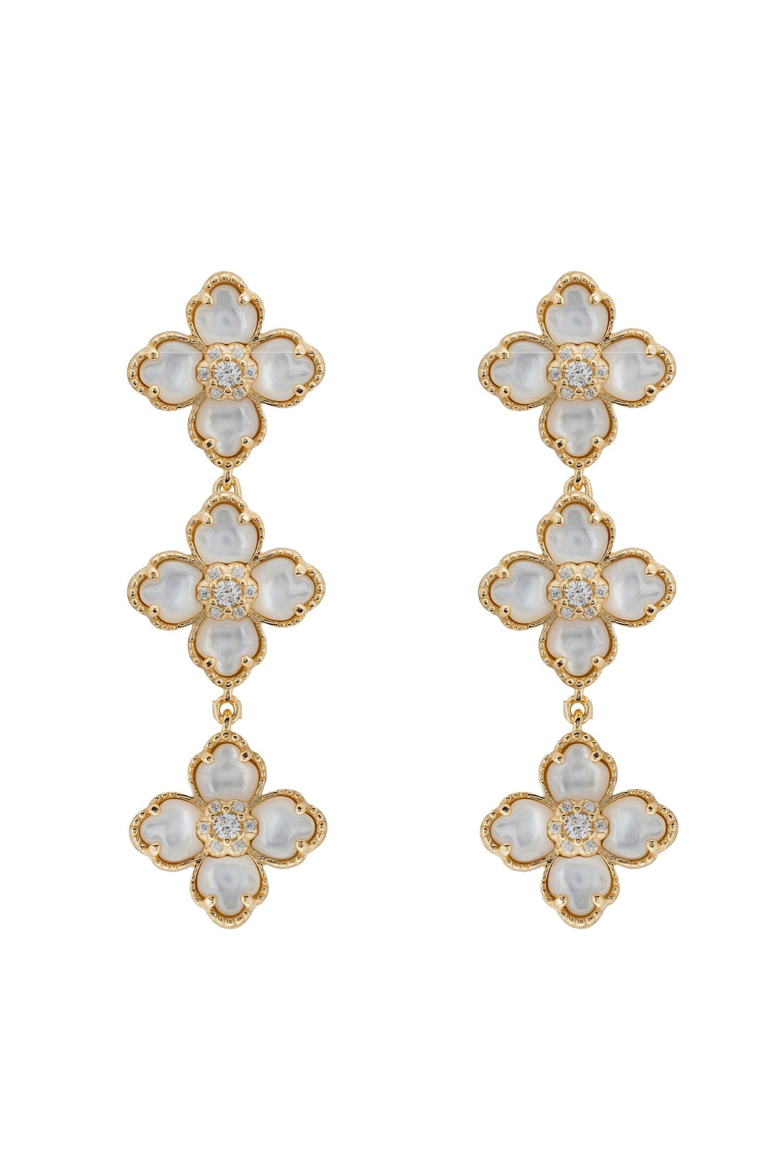 Gold mother-of-pearl clover triple-drop earrings with three white flower petals