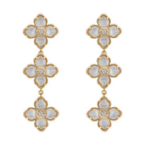 Gold mother-of-pearl clover triple-drop earrings with three white flower petals