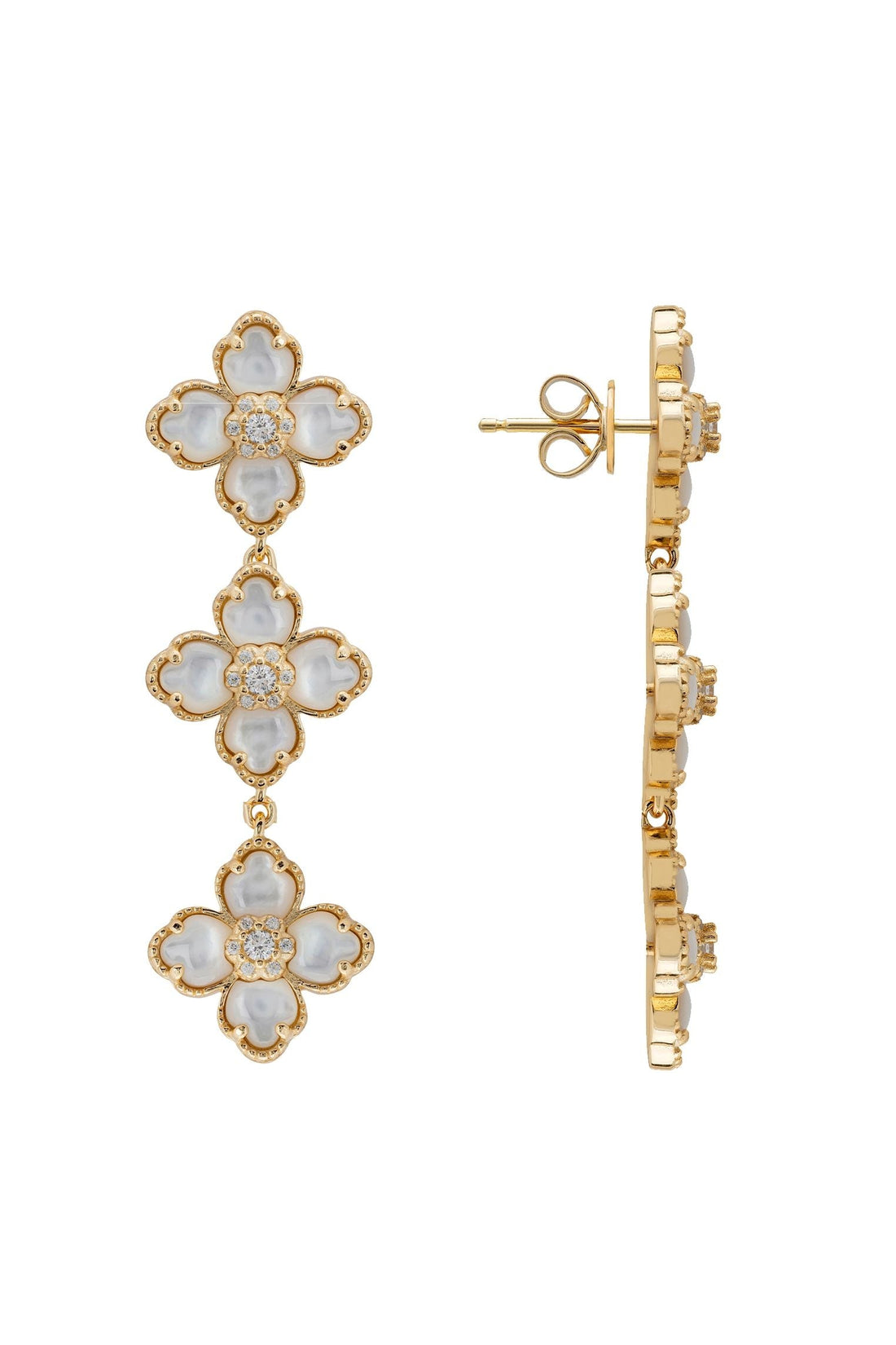 Gold mother-of-pearl clover triple-drop earrings, side view with dangling drops