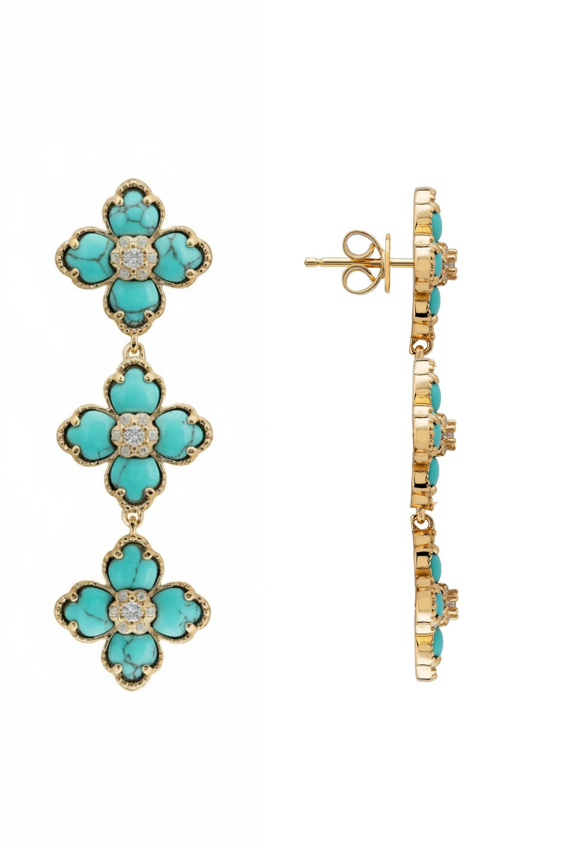 Turquoise enamel triple drop flower earrings with gold-tone backs and post studs