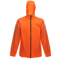 Bright orange hooded waterproof jacket with a black front zipper and elastic cuffs