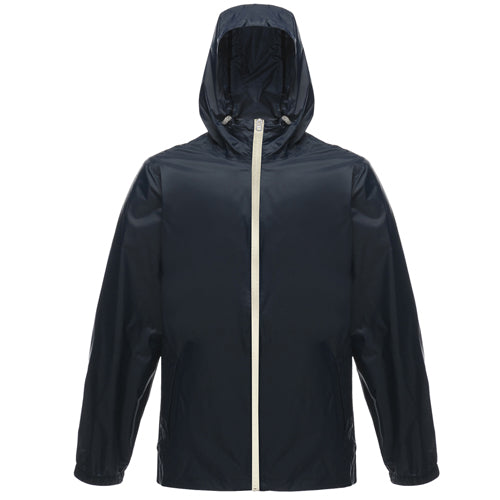 Navy hooded waterproof jacket with a white front zipper and elastic cuffs
