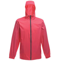 Hot pink hooded waterproof jacket with a dark front zipper and elastic cuffs