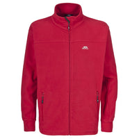 Men's red full-zip fleece jacket with a stand collar and two zip pockets