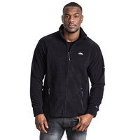 Men's black full-zip fleece jacket modeled with a stand collar and two zip pockets