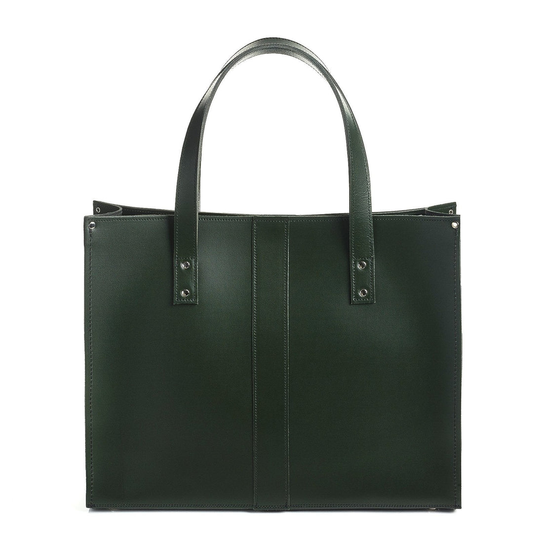 Ivy green leather tote bag with top handles and stitched front panels