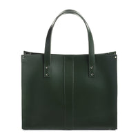 Ivy green leather tote bag with top handles and stitched front panels