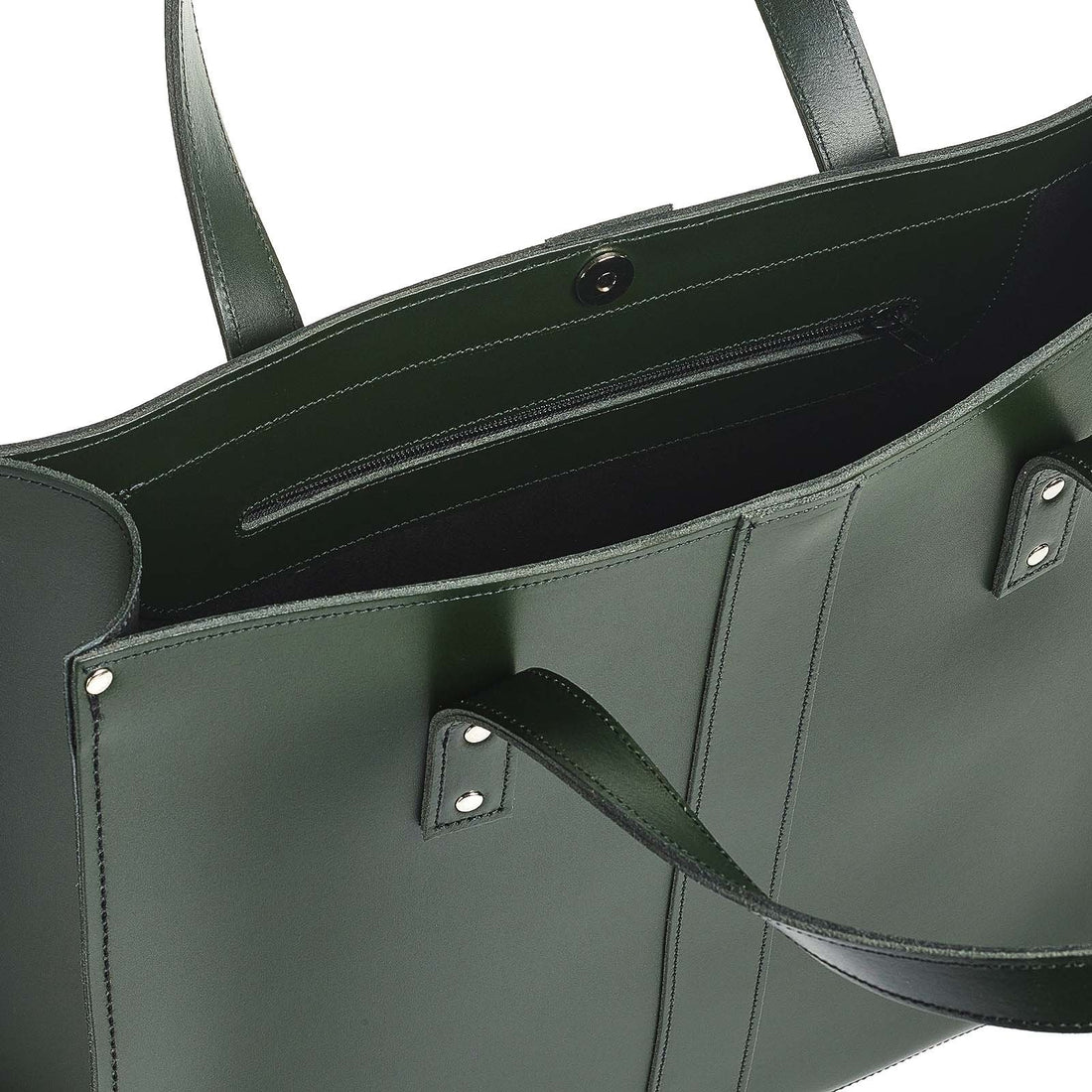 Dark green leather shopper with front tab, strap, and silver-tone rivets
