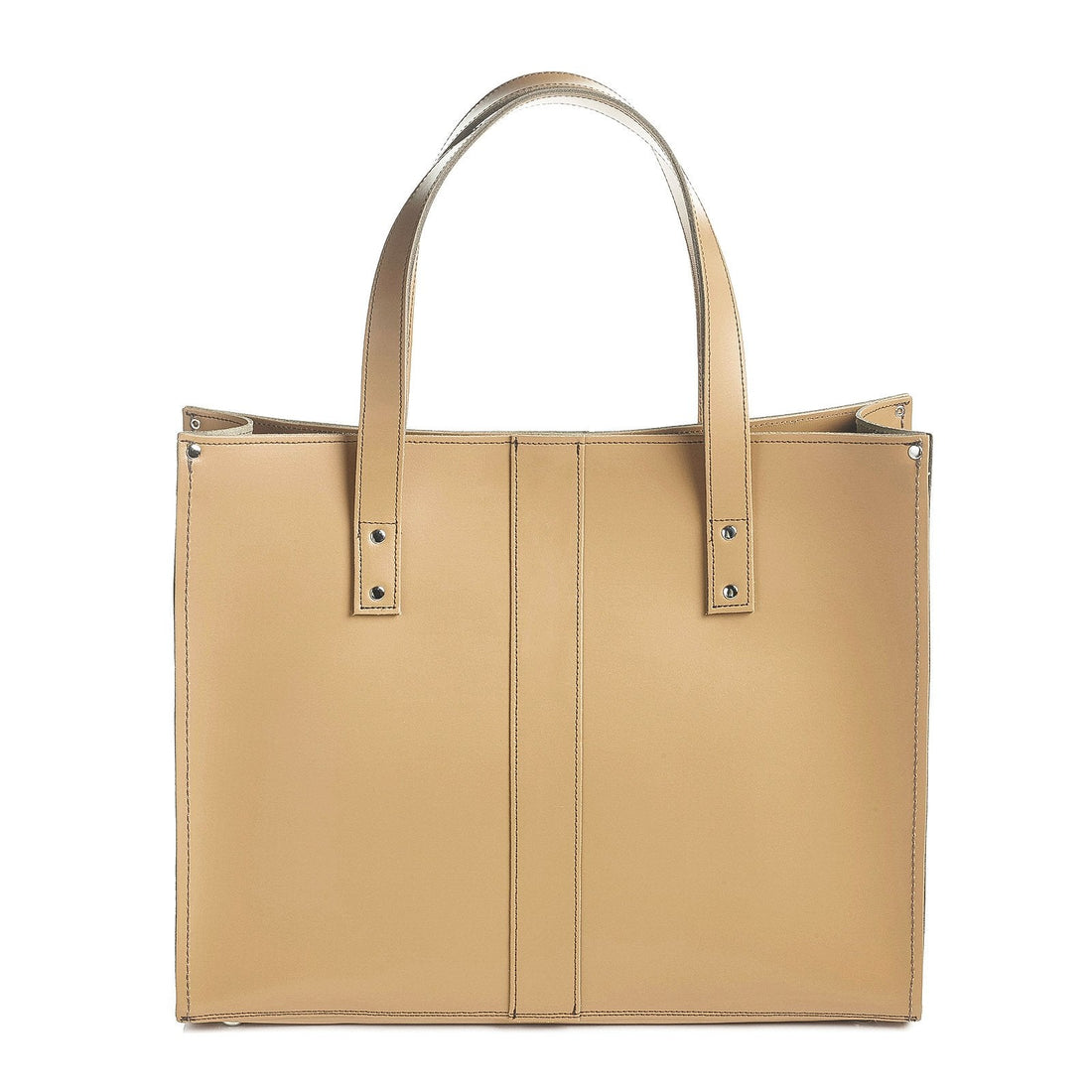 Handmade leather shopper tote in light tan with top handles and front center panel
